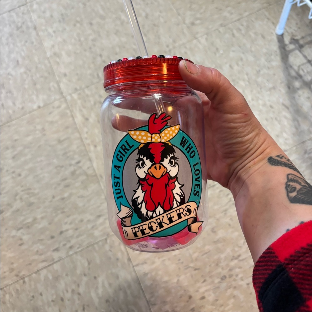 Red and Clear Mason Jar Tumbler with Straw